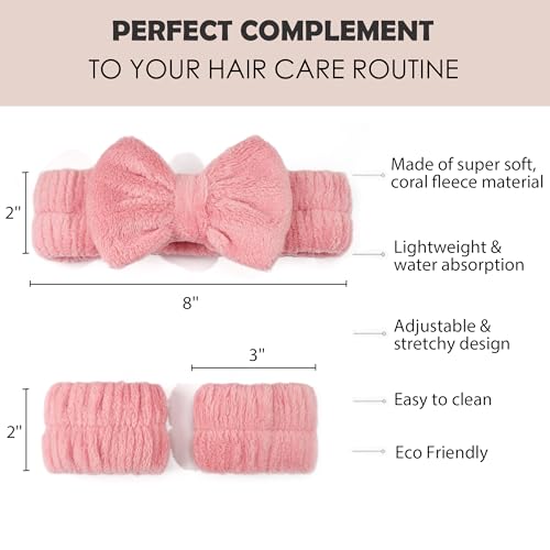 Ayesha Spa Headband and Wristband Set for Skincare Washing Face,Makeup Headband Wrist Cuffs for Preppy Skincare Women Girl (Pink set)