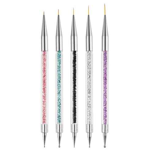 AIBEE Nail Art Brushes, 5pcs Double-Ended Acrylic Nail Brush Set with 5/7/10/12/15mm Nail Liner Brushes and Dotting Pens for French Nails