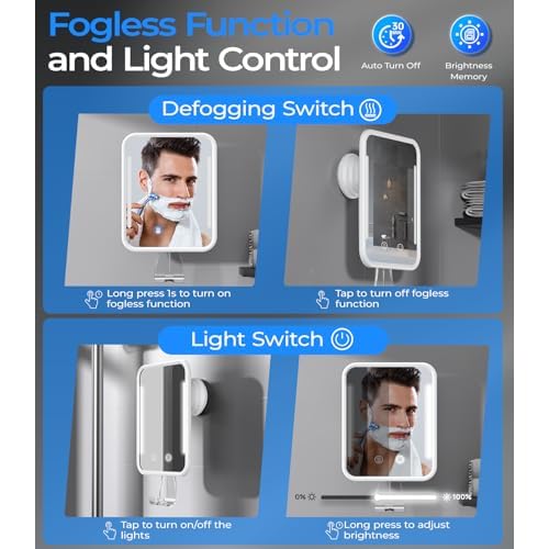 Gospire Heated Shower Mirror Fogless for Shaving with Light, 5000mAh Rechargeable Battery, Detachable Suction Cup and Razor Holder for Wall, NO-Drilling, Removable, Waterproof for Bathroom - White