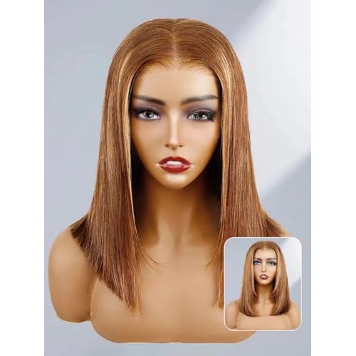 ORIGINAL QUEEN Short Straight Wigs 5x7 Wear and Go OQ Hair Glueless Wigs Human Hair Pre Plucked Pre Cut Pre Bleached Highlight Blonde Bob Straight Wigs for Women 4/27 Color 10Inch