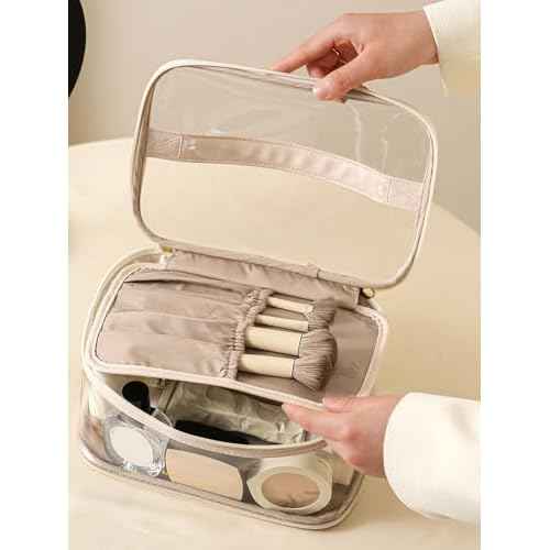 Large Clear Makeup Bag Big Cosmetic Bags Waterproof Toiletry Orangizer with Handle Transparent Toiletries Case Travel Pouch for Women Girls Daily Beauty Purse Essentials Skincare Bag Off White