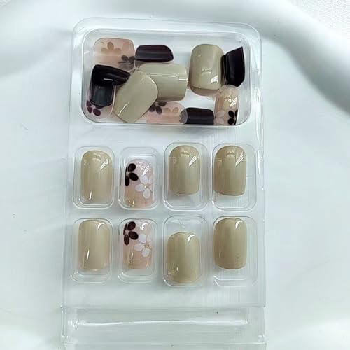 Press on Nails Short Square Fake Nails with Flower Designs Simple Glue on Nails Full Cover False Nails Press ons Acrylic Glossy Stick on Nails for Women Girls 24 Pcs