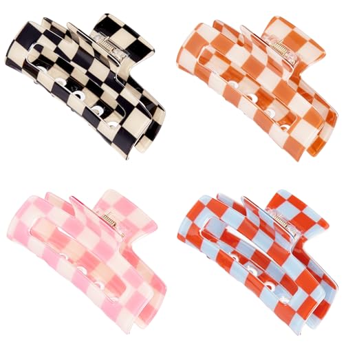 Checkered Hair Claw Clips Set, Rectangle Multicolored Square Checker Barrettes for Women Ladies Non Slip Hair Jaw Clips Strong Hold Hair Accessories Acrylic Claw Clamps for Thin Thick Hair (4 Pack)