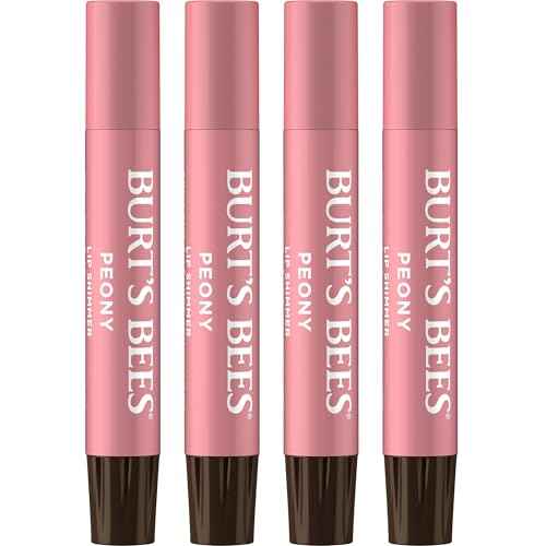 Burt's Bees Shimmer Lip Tint Stocking Stuffers Set, Moisturizing for All Day Hydration with Natural Glowy Pigmented Finish & Buildable Color, Peony (4-Pack)