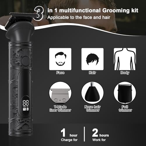 Professional 3-in-1 Beard Trimmer & Hair Clipper Kit for Men - Electric Shaver for Head, Face, Body, Nose & Ear Hair Grooming- Rechargeable Cordless, LCD Display - Perfect Men's Gift