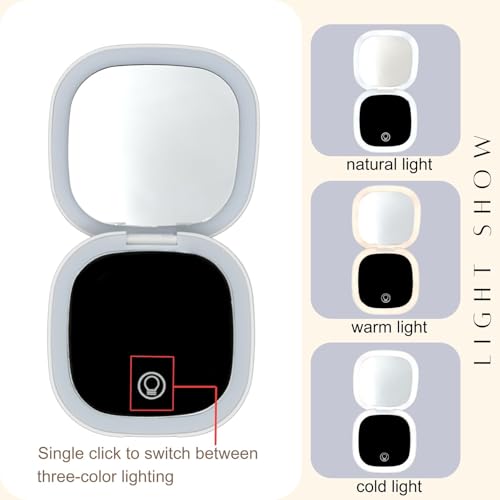 Makeup Mirror with Lights - Dual-Sided White LED Pocket Mirror, 1X/5X Magnifying Travel Mirror, 3 Light Modes, Rechargeable Handheld Mirror for On-The-Go Makeup, Grooming, and Gifts