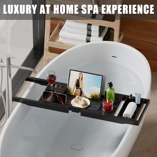 Foldable Bathtub Caddy Tray for Tub,Bamboo Expandable Bath Table Trays,Premium Bathroom Accessories for New Home & Mothers Day & Birthday Gifts for Couples,Black