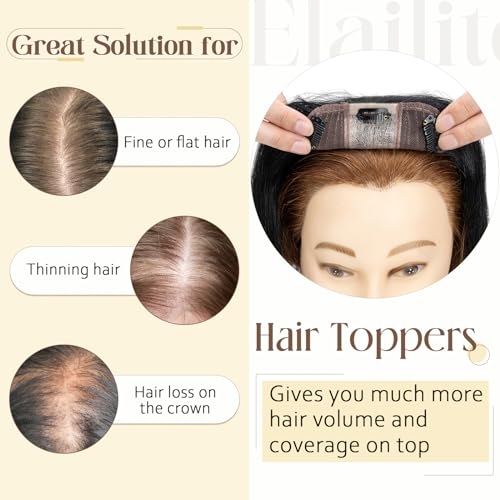 Elailite Human Hair Toppers for Women Real Human Hair Thin 4.7"x3.9" Silk Base Clip in Remy Hairpieces 8 Inch Jet Black