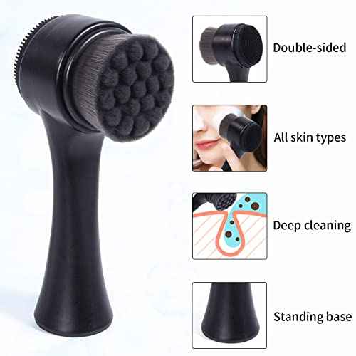 Face Brush 2 in 1, Facial Cleansing Exfoliating Scrubber Brush, Silicone Double Side Manual Face Wash Scrub Brush with Soft Bamboo Charcoal Fiber for Deep Pore Cleansing, Massaging, Skin Care