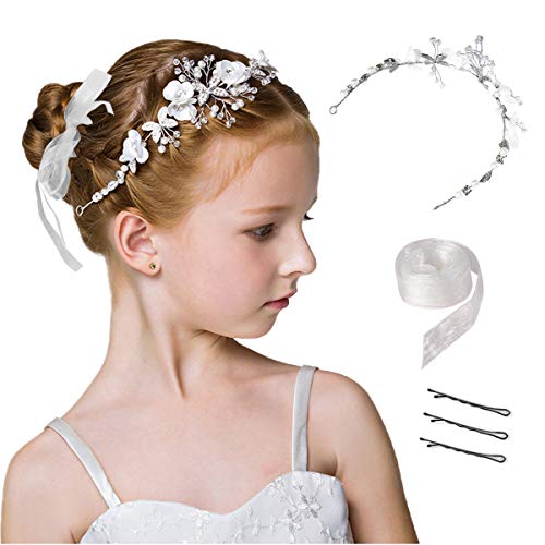 Flower Girl Headpiece Princess Wedding Accessories, Silver Hair Headband Flower Crown for Girls
