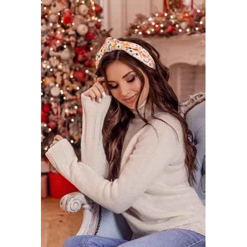 Huachi Knotted Headbands for Women Cute Top Knot Headbands Fashion Pink Snowflake Candy Cane Xmas Tree Girls Christmas Womens Head Band Knotted Hair Accessories, 3 Packs