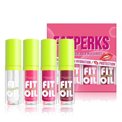 4 Colors Moisturizing Lip Oil Set, Big Brush Head Hydrating Lip Glow Oil, Shiny Moisturizing Lip Gloss, Nourishing & Non-Sticky Long Lasting Fresh Transparent Tinted Plumping Lip Oil- Set A