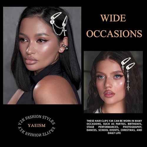 15PCS Sliver Hair Clips Black Small Hair Bows Dangle Cross Clips Metal 6 Shapes Pentagram Star Barrettes Gothic Snap Clips Punk 2000s Y2K Hair Accessories for Women