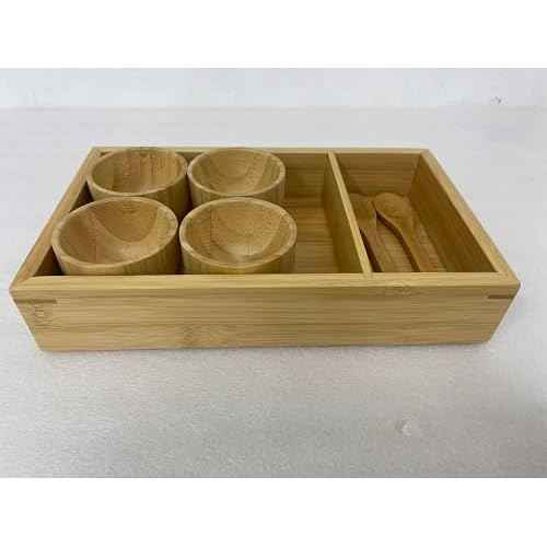 Generic Pedicure Bamboo Spa Tray Set: 4 Bowls, Spoon, 10 x 6 x 1.3 inches