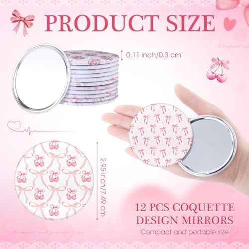 12 Pcs Coquette Aesthetic Compact Mirror Bulk Bow Travel Makeup Pocket Purse Mini Mirror for Women Wedding Bridal Shower Birthday Breast Cancer Coquette Party Favor (Cute Style,Pink)