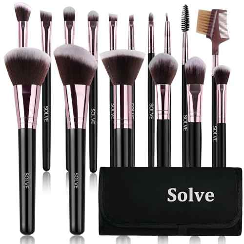 SOLVE Makeup Brushes, 16 Pcs Premium Synthetic Make up Brushes with Black Travel Case, Makeup Brush Set for Foundation Powder Concealers Eyeshadow Eyeliner (Black & Pink)