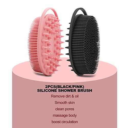 2 Pack Silicone Body Scrubber, Loofah Double-Sided Body Brush,Shower Scrubber and Scalp Massager Shampoo Brush for Sensitive Kids Women Men All Kinds of Skin (Black & Pink)