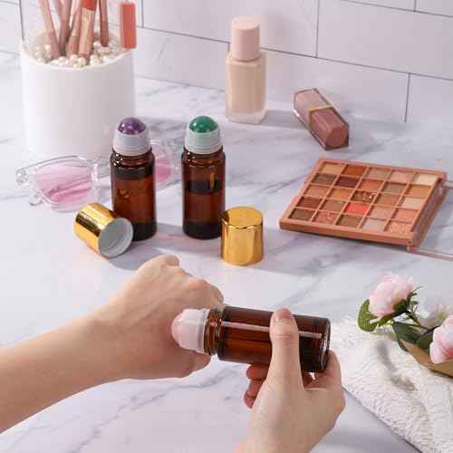 2 pack 1.7oz Large Amber Glass Roll on Bottles Rose Quartz Roller Ball Applicator for Essential Oils Perfume Refillable Empty Deodorant Containers with Pink Crystal Rollerball