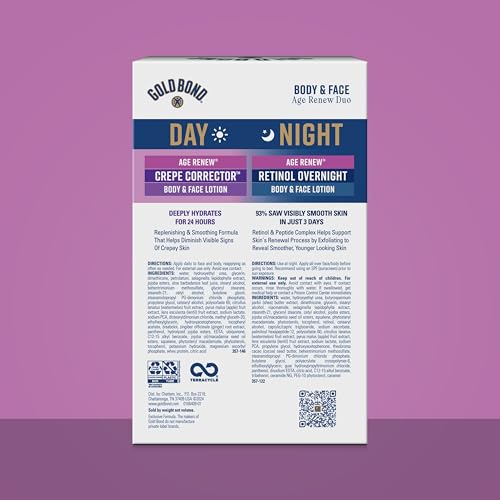 Gold Bond Age Renew Day & Night Duo Lotion Set for Body & Face, Gold Bond Crepe Corrector Lotion, Visibly Firms Skin & Gold Bond Retinol Overnight Lotion, Visibly Smooths Skin, 8.6 oz.