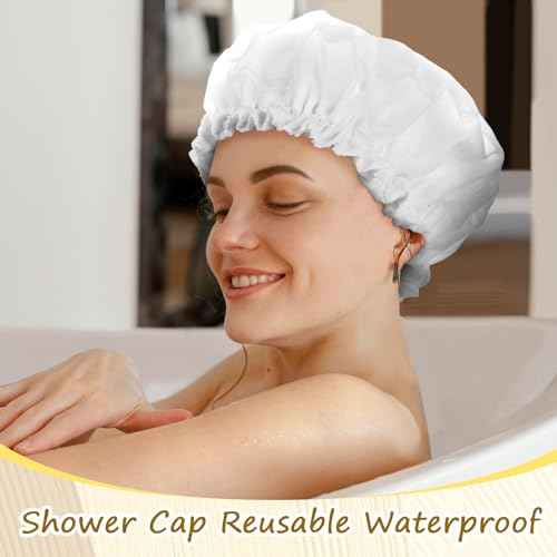 Giantree Shower Caps for Women, Reusable Terry Cloth Lined Shower Cap Double Layer, Reusable Waterproof Elastic Band Hair Cap for All Hair Lengths Bath Caps for Women Spa Home Salon Use(White)