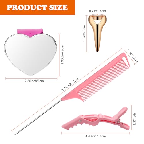 17 Pieces Hair Parting Tools Set Heart, Included 8P Hair Parting Ring 2P Metal Rat Tail Comb 6P Hair Sectioning Clip with 1P Magnetic Wrist Sewing Pin Holder for Braiding (Pink)