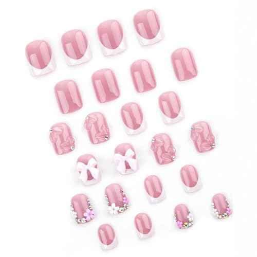 24Pcs French Tip Press on Nails with Pink Camellia Rhinestones Flash Short Square French Nails Press ons Cute Bow Sparkly False Nails Gel Glue on Nails Stick on Nails Flower Nails for Women Girls