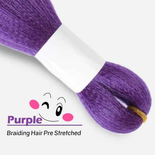 Purple Braiding Hair 24 Inch Long Pre Stretched Hair Straight Yaki Texture Synthetic Hair Extensions Softness, 2 Packs