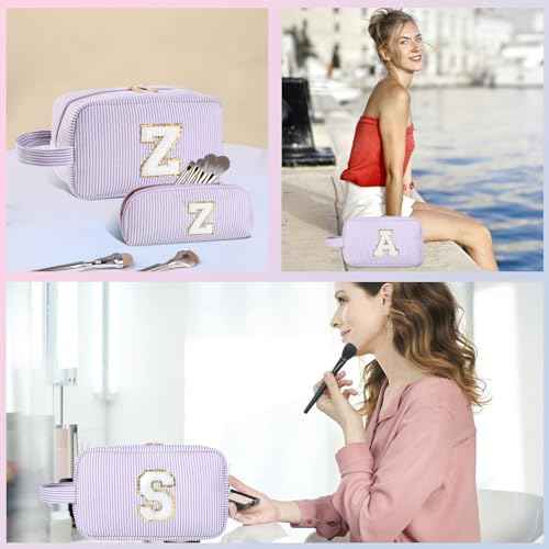 2pcs Personalized Initial Makeup Bag A-Z, Travel Toiletry Bag Preppy Make Up Bags Girls Cute Cosmetic Pouch Makeup Organizer Wedding Birthday Mothers Day Gifts for Women (Purple, V)
