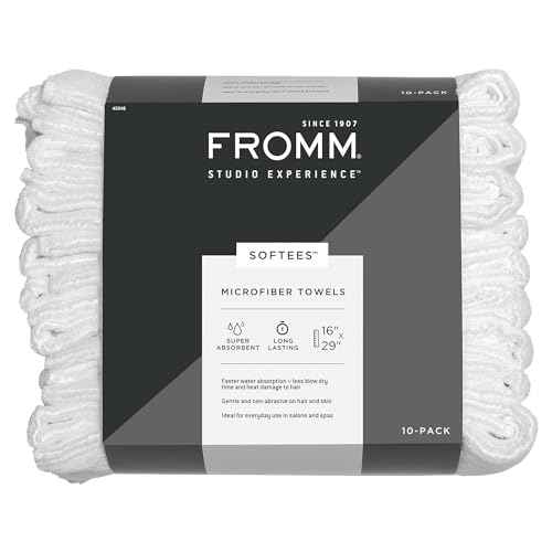 Fromm Softees Microfiber Salon Hair Towels for Hairstylists, Barbers, Spa, Gym in White, 16" by 29", 10 count Perfect Hair Care Towel for Drying Curly, Long, Wavy Hair