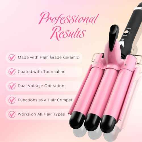 3 Barrel Curling Iron Hair Crimper: Birthday Gifts for Women Aleath Dual Voltage Adjustable Temperature Three Barrels Hair Waver - Ceramic 1 inch Curler Wand