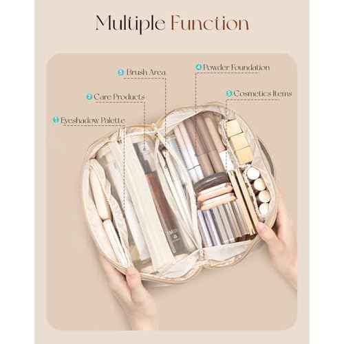 Vlando Makeup Bag,Large Capacity Travel Toiletry Bag,Cosmetic Bags for Women PU Leather Waterproof Portable Pouch with Divider & Handle-Toffee