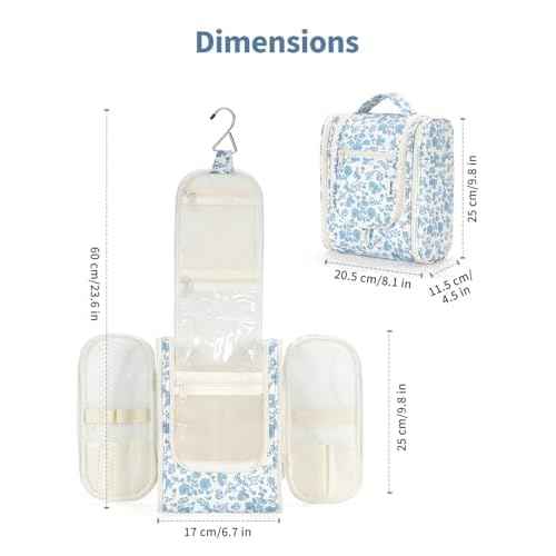 Narwey Hanging Toiletry Bag Women Travel Makeup Bag Organizer Toiletries Bag for Travel Size Essentials Accessories Cosmetics (Medium,Little Blue Flower)