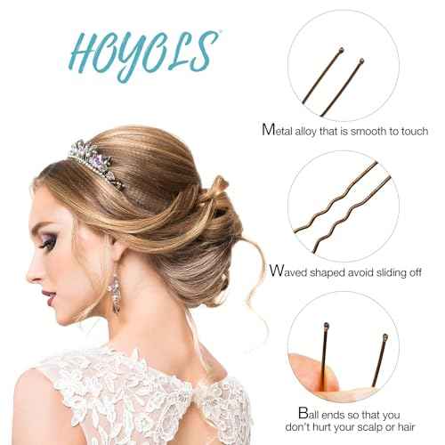 HOYOLS U Shaped Assorted Size Hair Bobby Pins, Metal Bun Clips Hairpin Crimped Design with Ball Tips for Women Girls Grips Hairstyle, 150 Count Bulk Pack (Brown)