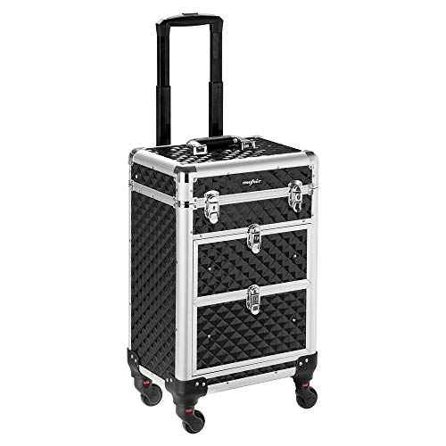 mefeir Aluminum Rolling Makeup Train Case, Portable Makeup Organizer Suitcase, Cosmetic Storage Box, Travel Beauty Luggage Trolley Lockable w/4 Removable Wheels & 2 Sliding Drawers (Black)