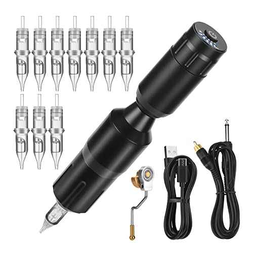 ATOMUS Tattoo Pen Machine Kit with Tattoo Power Supply 3RL Cartridge Needles 1300mAh RCA Connector Rechargeable Power Supply Tattoo Machine Gun Liner Shader