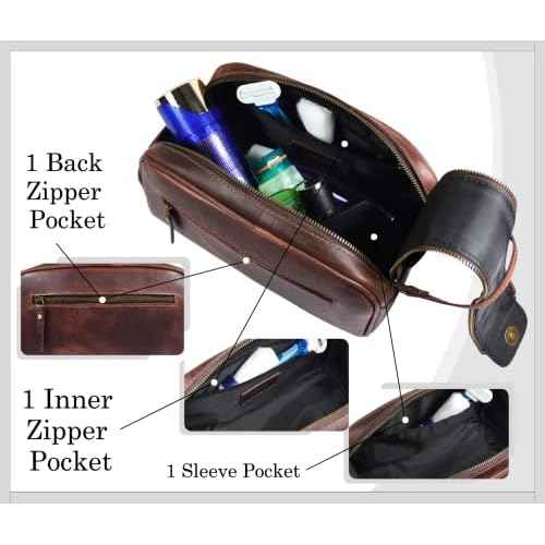 Leather Toiletry Bag for Men | Grooming Travel Kit | With Waterproof Lining | By Aaron Leather (Dark Brown)