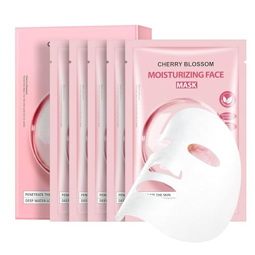 5 Pack Sheets Face Masks Skincare For All Skin Types, Cherry Facial Sheet Masks, Hydrating Facial Sheets Mask for Firming, Sheet Mask with Cherry Blossom Face Mask for Glowing Skin