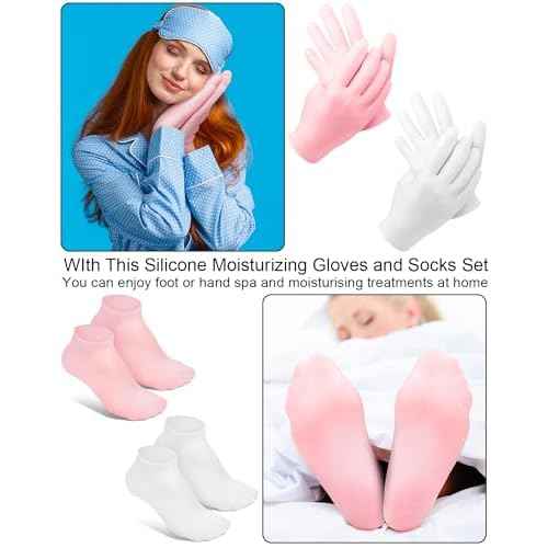 2 Pairs Silicone Moisturizing Glove Socks Set, Anti Slip Soft Spa Gel Socks Softening Feet Dry Cracked Skin, Women Spa Pedicure Socks for Foot Hand Softening, Foot Care After Pedicure (White)