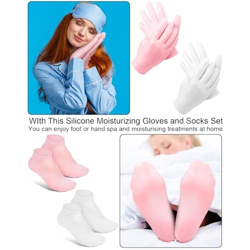 2 Pairs Silicone Moisturizing Glove Socks Set, Anti Slip Soft Spa Gel Socks Softening Feet Dry Cracked Skin, Women Spa Pedicure Socks for Foot Hand Softening, Foot Care After Pedicure (White)