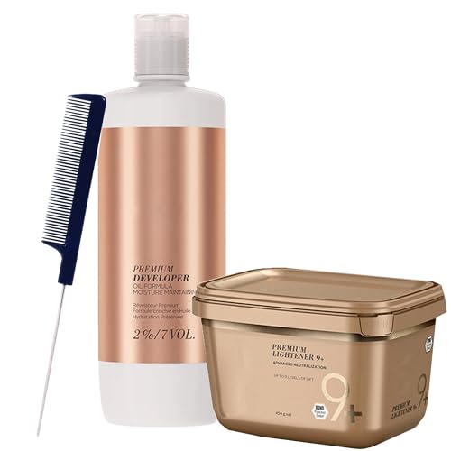 Blonde Me Lightener 9+ Bleach 450g with Blonde Me 2% / 7 Volume Developer 1L and Pin Tail Comb ? Professional Hair Bleaching Kit for Subtle Lift and Precision Application