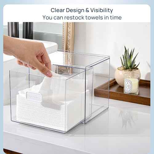Vtopmart Disposable Facial Towels Holder,Clear Storage Drawer Compatible with Clean Skin Club Towel XL,Acrylic Box Hold 50 Count,Stylish and Functional Bathroom Accessory for Coutertop Organization