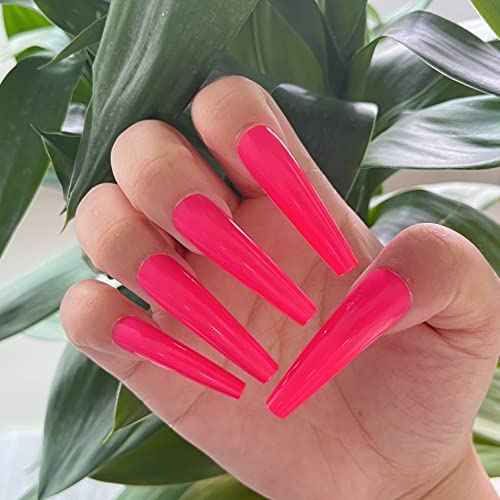 120pc XL Coffin Press on Nails Extra Long Colored Ballerina False Nail Tips Full Cover Artificial Fingernails Manicure Design Desigh Women Girls Christmas Gift (Hot Pink)