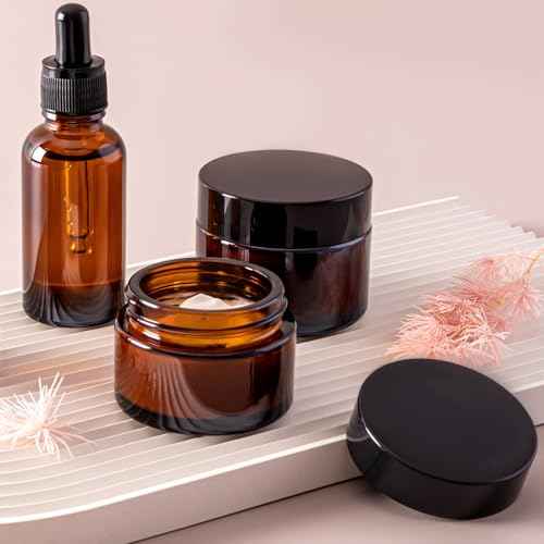 TUZAZO 1oz Glass Jars with Lids, 4 Pack Small Amber Glass Jars with Inner Liners & Stickers Refillable Empty Cosmetic Containers for Creams, Lotions, Body Butters, Powders