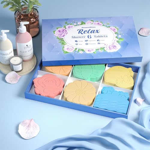 Shower Steamers 6 Pack Shower Bombs with Unique Shapes & Scents, Orange Peppermint Lemon Rose Chamomile Sea, Self Care Shower Steamer, Stocking Stuffers Christmas Gifts for Women, Men