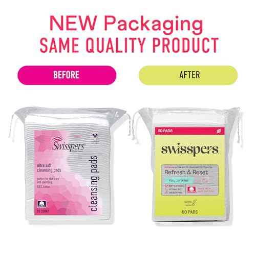 Swisspers Refresh and Reset Facial Cleansing Cotton Pads - 100% Natural Fiber, Ultra-Soft Beauty Essentials for Women & Men - Cruelty-Free, Paraben-Free Skincare Application Squares (50 Count) 3 Pack