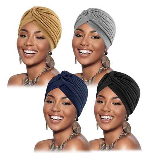 Stretchy Polyester Turbans for Women Knot Chemo Cap for Cancer Pleated Headwear Beanie Twisted Head Wrap Hair Loss Hat