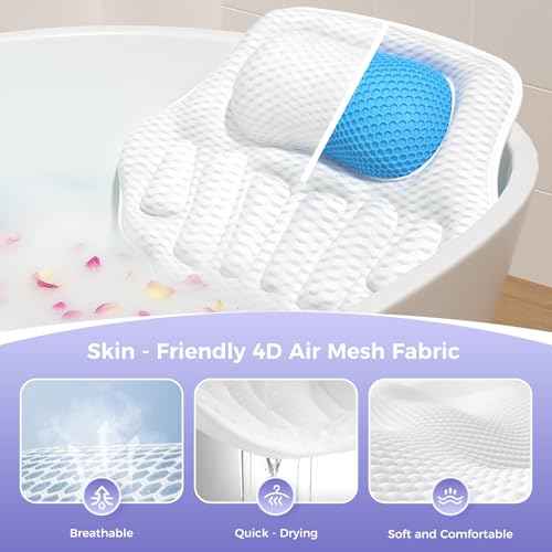 Bath Pillows for Tub, Ergonomic Bathtub Pillow for Head & Neck Relaxation, 4D Air Mesh Bath Cushion with 6 Non-Slip Suction Cups, Fits All Bathtubs (White)