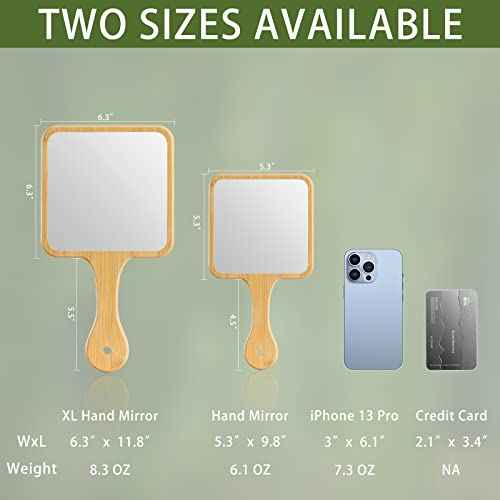 Handheld Mirror,Natural Bamboo Hand Mirror with Handle,Cute Hand held Mirror for Shaving Single-Sided Portable Travel Vanity Mirror for Men & Women,6.3" W x 11.8" L