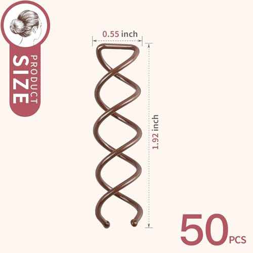 FANDAMEI 50PC Spiral Hair Pins Set, Spin Pins Spiral Bobby Pins for Girls, Women and Kids, Non-Scratch Round Clip & Bun Twist, Stylish Bun Bobby Pins, Premium Spin Pins for Hair, Brown