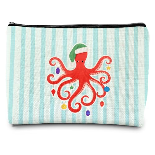 Beach Christmas Octopus Makeup Bag, Octopus Gifts for Women, Coastal Beachy Christmas Cosmetic Bags for Women, Xmas Ocean Sea Animal Striped Zipper Makeup Pouch Travel Toiletry Bag
